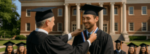 person giving a medal at a graduation ceremony
