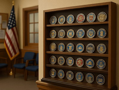 military coins on wood display hanging from wall