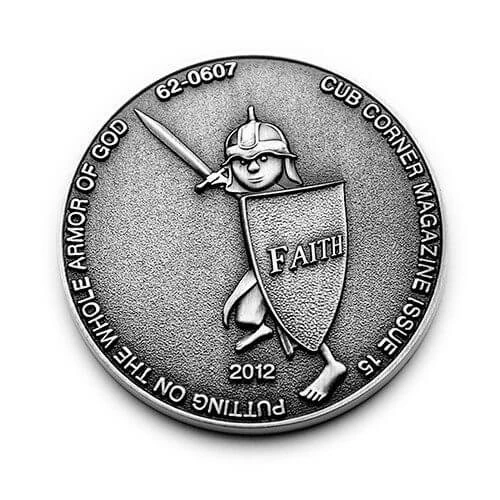 CUB custom silver coin made in 2012 with a knight using a shield that says faith on it