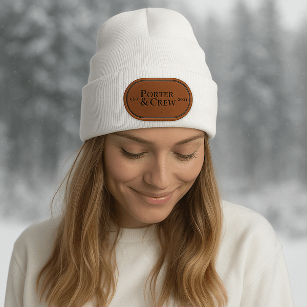 woman wearing white beanie with leather label