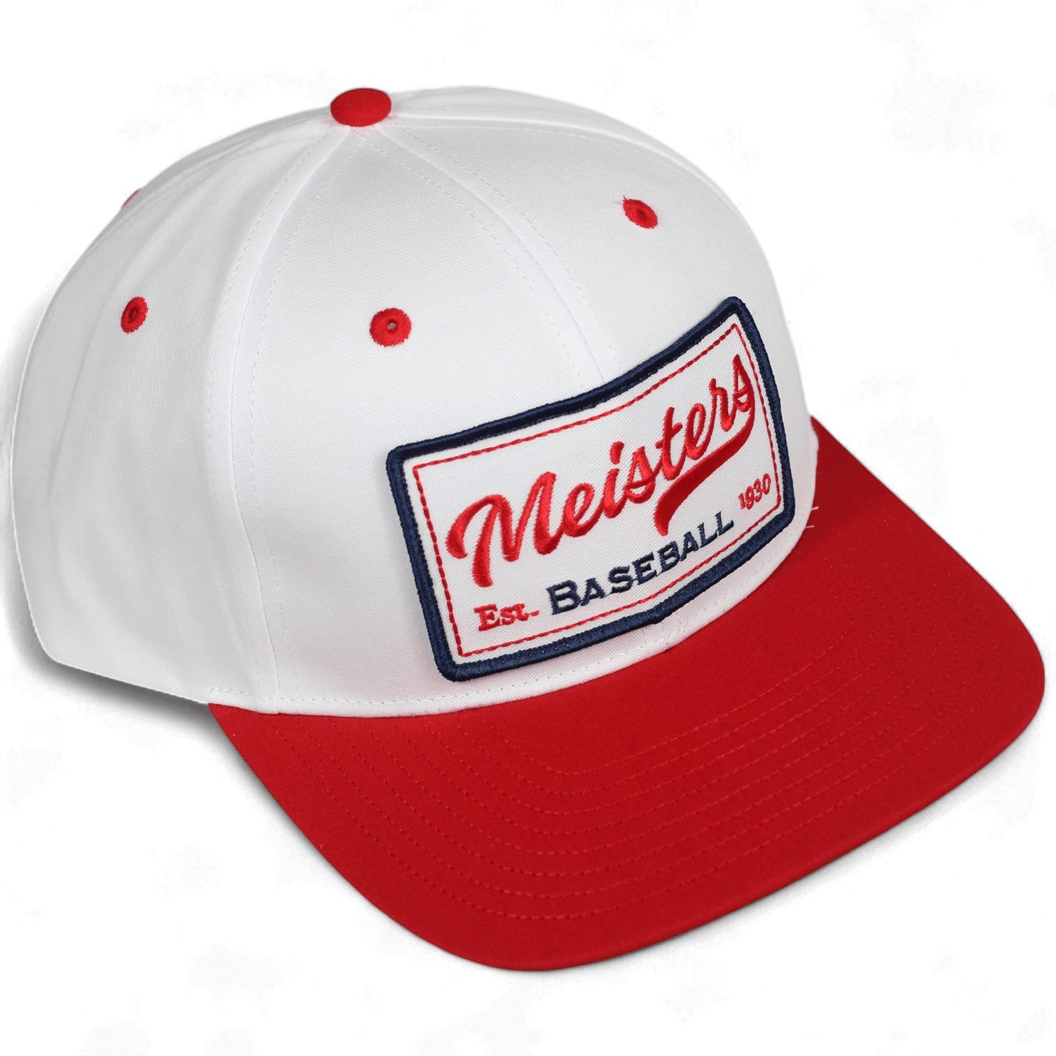 Red and white baseball hat with embroidered patch