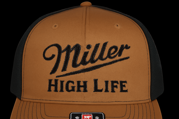 embroidered miller logo on trucker hat